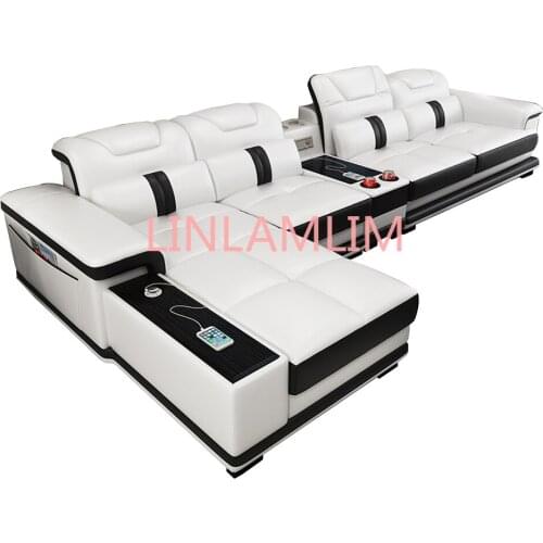 Living Room Sofa set corner sofa speaker real genuine cow leather sectional sofas nordic L shape bluetooth headrest functional
