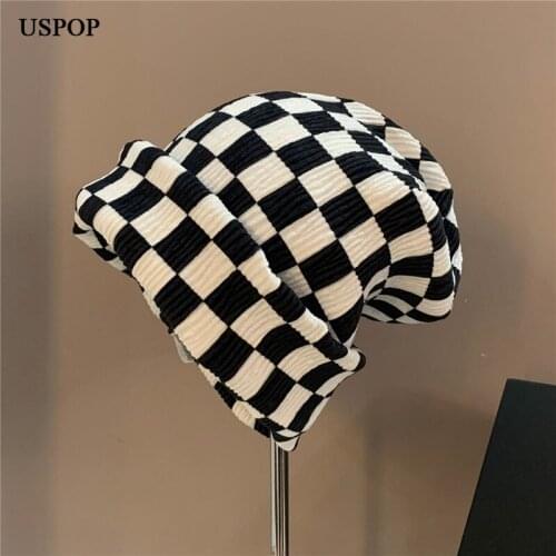 USPOP 2021 New Fashion Autumn Hat Women Plaid Beanies Skullies