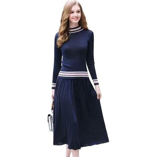 Autumn knit tops sweater skirts Up and down Two-piece Vintage style Long-sleeved Pullover sweater and Skirt Autumn womens suit