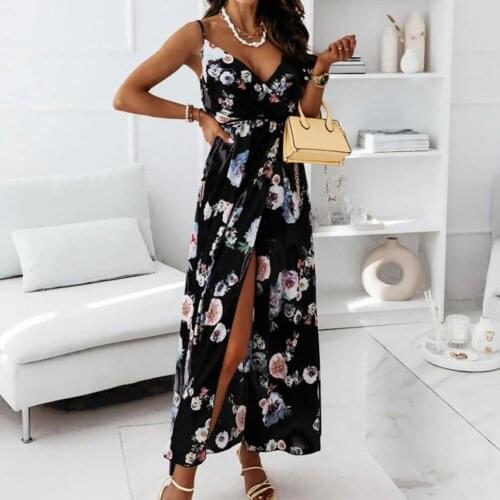Elegant Dress Women Dress Elastic Waist Large Slit Hem Floral Print Fashion Sling Dresses V-Neck Backless Casual Dress Beachwear
