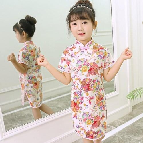 Childrens day Gift Chinese Style Traditional Girls Qipao Dress Child Tang Suit Kids Printing Cheongsam Baby Princess