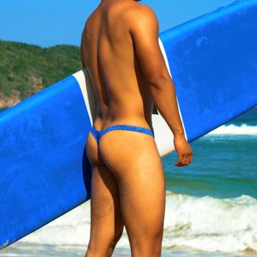 Sexy low waist tight gay men thong swimwear bikinis hot blue denim style half-pack hip triangle swimsuit men swimwear swim brief