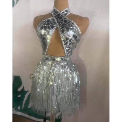 Nightclub Party Bar DJ Singer Sexy Dance Costume Silver Sequins Tassel Hollow Backless Mini Dress Birthday Prom Fashion Outfit