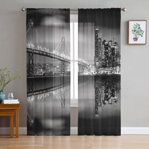 Youth Bedroom Sheer Curtains City Night View Bridge Building Kitchen Study Curtains Living Room Holiday Decor Tulle Curtains
