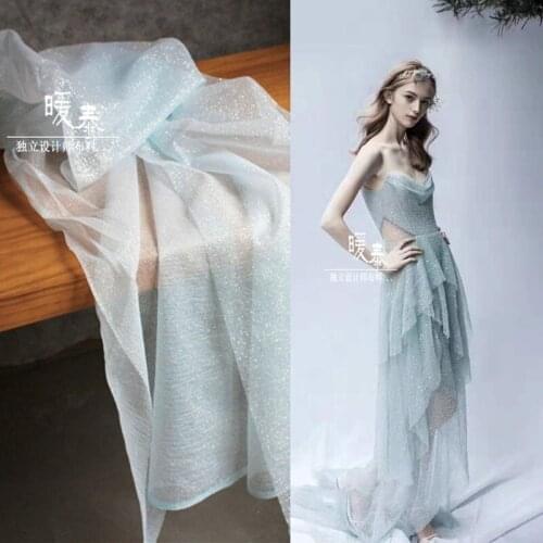 Round Dot Sequined Tulle Fabric Light Blue DIY Patchwork Decor Veil Gown Skirt Wedding Dress Designer Fabric