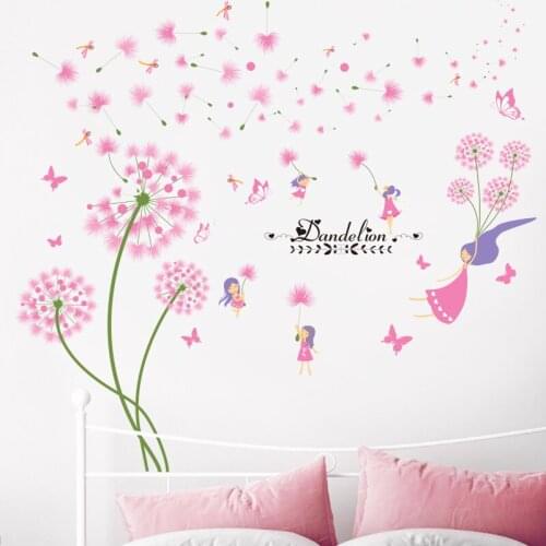 Pink Dandelion Wall Stickers Vinyl DIY Flowers Plants Wall Decals for Living Room Kids Dedroom Kitchen Home Wedding Decoration
