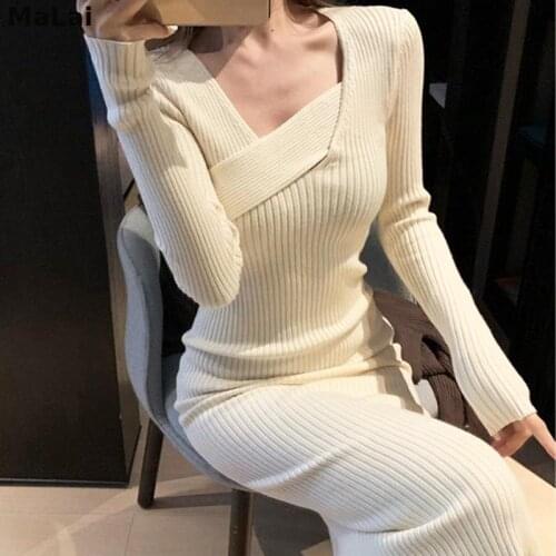 Vintage Knitted Dress Korean Women Long Sleeve Sweater Elegant Party Dress Female Spring 2021 Office Lady Slim One-Piece Dress