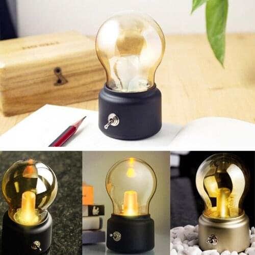 Vintage Retro Bulb Shaped LED Night Light USB Rechargeable Table Desk Light Lamp With Switch Home Bedroom Bedside Decor Gift