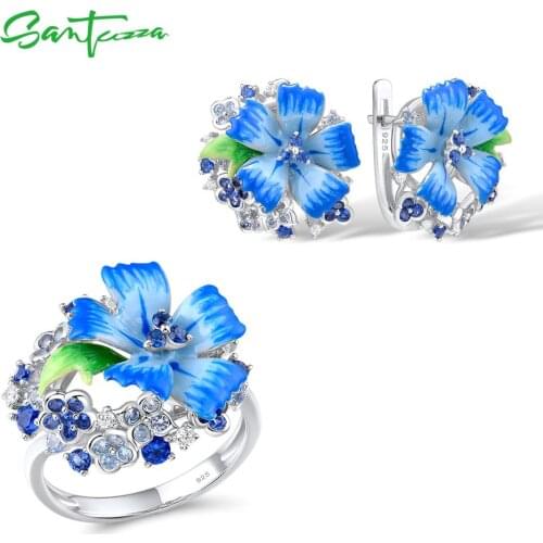 SANTUZZA 925 Silver Jewelry Set For Women Pure 925 Sterling Silver Blue Flower Trendy Gift Party Fine Jewelry Handmade Enamel