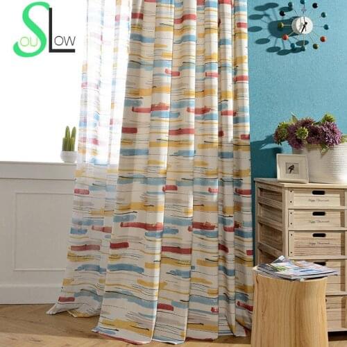 Slow Soul Space Modern Minimalist Art Printing Jacquard Window Curtain Striped Pastoral Curtains For Living Room Tulle Kitchen
