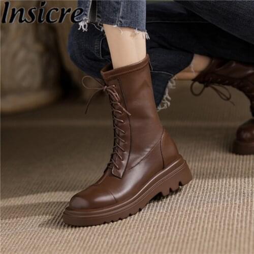 Insicre Women Ankle Boots Round Toe Non Slip 2021 Autumn Thick Low Heel Shoes Platform Pu Leather Dark Brown Size 43 Lace Up