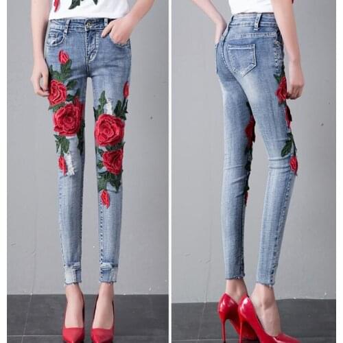 Womens Korean Fashion Rose Flower embroidery Slim Jeans Female Sexy Jeans Plus Size Elastic long pants TB647