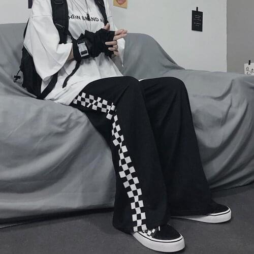 Womens Korean Version of All-match Casual Pants Black and White Grid Stitching Loose Wild Wide-Leg Pants Straight Casual Pants