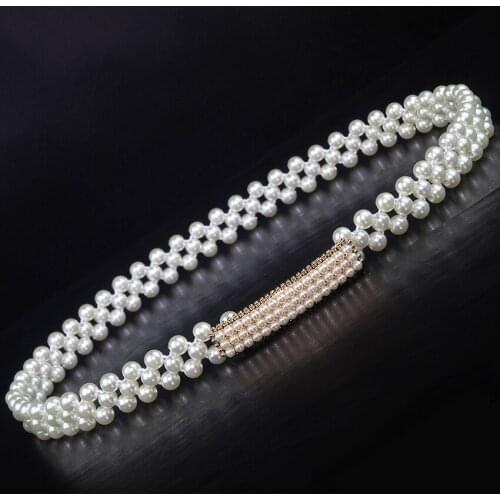Summer Spring Women Designer Fashion Rhinestone Patchowrk Pearls Elastic Waist Belt , Fall Skirt Dress Waistband Belts For Woman
