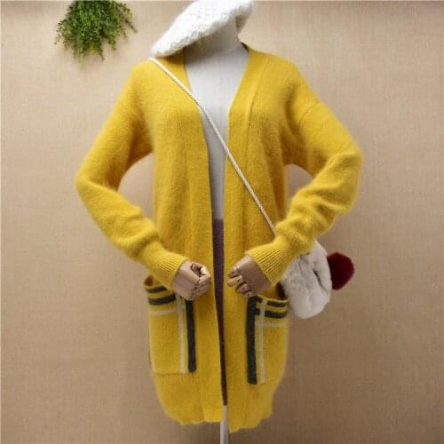 Ladies women fashion yellow hairy angora rabbit fur knitwear long sleeves slim cardigan mantle autumn winter jacket coat sweater