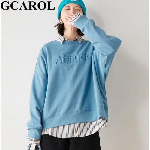 GCAROL New Women 3D Embossed Letters Cotton Sweatshirt Boyfriend Drop Shoulder Lazy Loose Spring Autumn Winter Sports Tracksuits