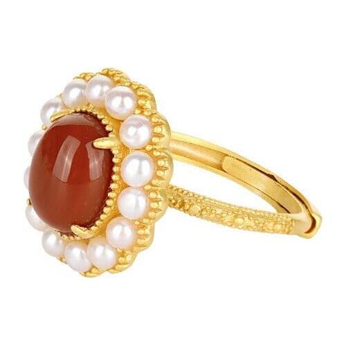 SA SILVERAGE S925 Sterling Silver Inlaid with Red Agate Pearls Embellished with Embossed Temperament Opening Female Ring 2021