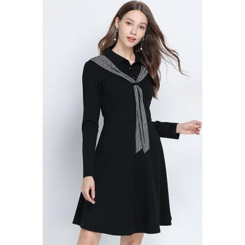L-5XL New Autumn Black Dresses Women Long Sleeve turn down collar stripe bow Pinched Waist Casual OL Dresses Femininas Vestidos