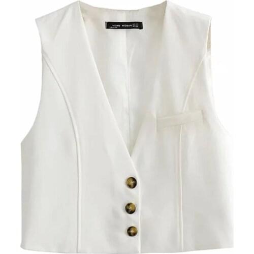 BBWM 2021 Women Fashion Sleeveless Vest Jacket Office Ladies Business Casual Suits WaistCoat Pockets Outwear Short Tops