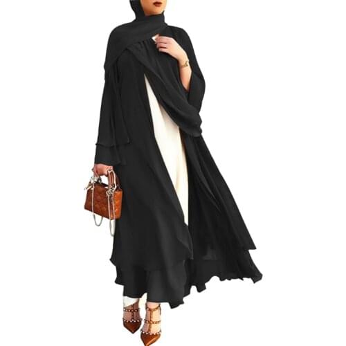 094B Women Muslim Long Sleeve Flowy Maxi Cardigan Islamic Open Front Kimono Abaya Robe Turkey Kaftan Solid Color Belted Loose Up