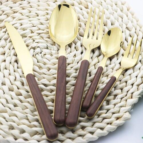 5pcs/set Dinnerware Flatware Glossy Wooden Tableware Western Food Knives Fork Teaspoons Fruit Fork Stainless Steel Cutlery Set