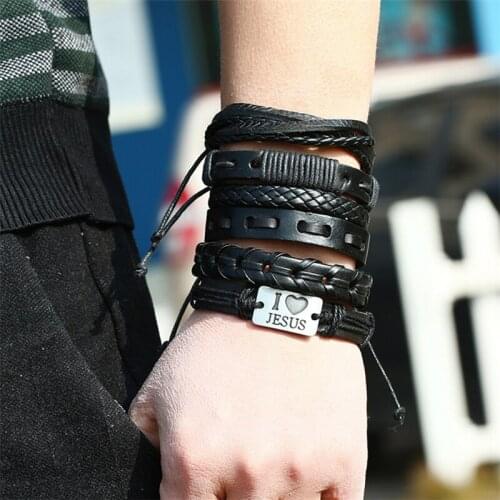 6pcs/set Cow Leather Alloy PU Hemp Rope Braided Vintage Punk Retro Bracelets Set For Women Wrap Wristband Men Bangles Wedding