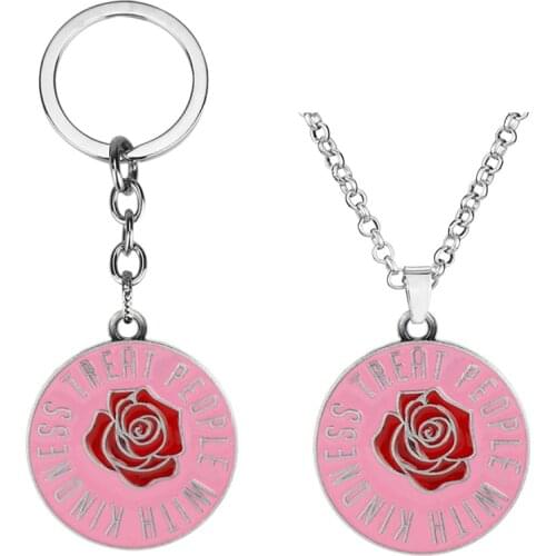 Harry-style Pins Treat People With Kindness keychain Circle Round Rose Flower Enamal Pendant Necklace Gift For Harry-styles Fans