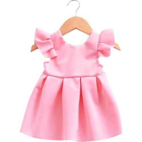 Infant Baby Dresses Pink Blue Flying Sleeves Lace Bow Backless Fairy Newborn Toodler Baby Princess Dress