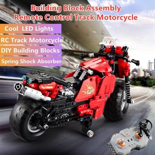 Building Blocks Highly Imitation Remote Control Track Motorcycle Spring Shock Absorber With LED Lights Children Assembling Toys