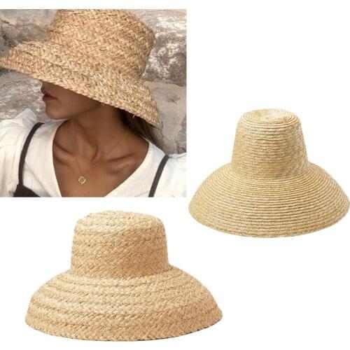 European Vintage Droop Wide Brim Woven Straw Sun Hat Retro Flat Top Outdoor UV Protection Sunscreen Travel Vacation Beach Cap f