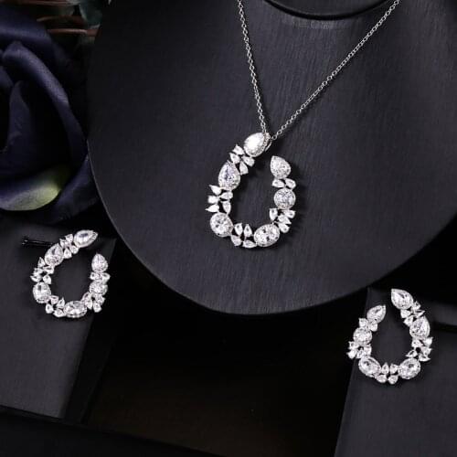 Janeklly trendy Wedding Necklace Earrings For Women Accessories Full Cubic Zirconia Bridal Jewelry Sets pendientes mujer moda