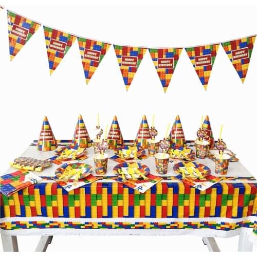 Legoing Blocks Theme Party Decoration Tableware Paper Cup Plate Napkins Tablecloth Baby Shower Kids Birthday Party Supplies AW07