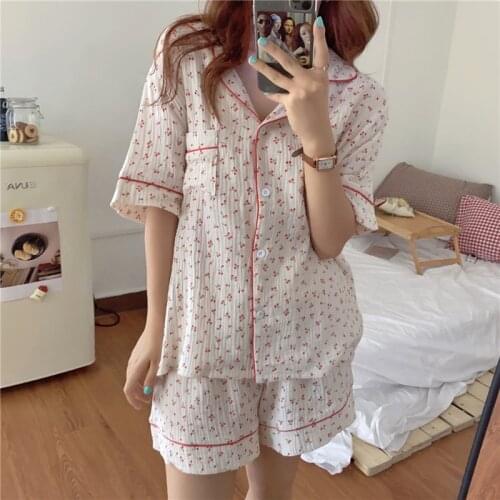 Summer Loose Pure Cotton Summer Women Cherry Print Pajamas Sweet Tops Short Sleeve Two Piece Ladies Casual Home Set Sleepwear