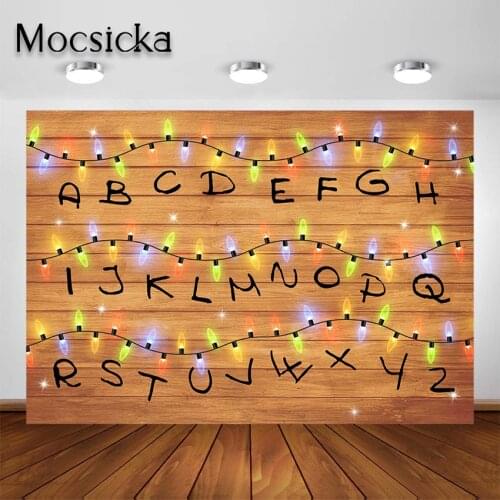 Mocsicka Stranger Things Party Backdrop Christmas Lights Alphabet Stranger Series Birthday Party Decorations Photo Background