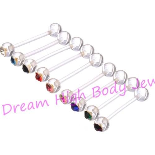 Fashion Tongue Ring Bar Flexible Clear Color Crystal Gem Barbells 14G Mixed Colors Acrylic 6mm ball Fashion Body Piercing