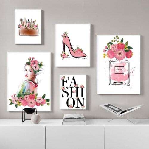 Fashion Wall Art Perfume Girl Poster Nordic High Heel Flower Canvas Painting Make Up Pictures for Living Room Modern Decoration