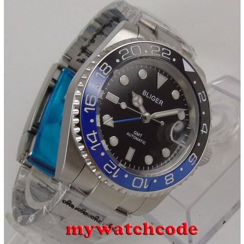 40mm Bliger black dial blue black ceramic bezel GMT sapphire glass automatic mens watch 176B