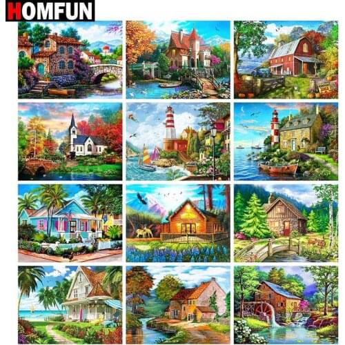 HOMFUN Full Square/Round Drill 5D DIY Diamond Painting "Houses Trees Landschap" Embroidery Cross Stitch 5D Home Decor Gift