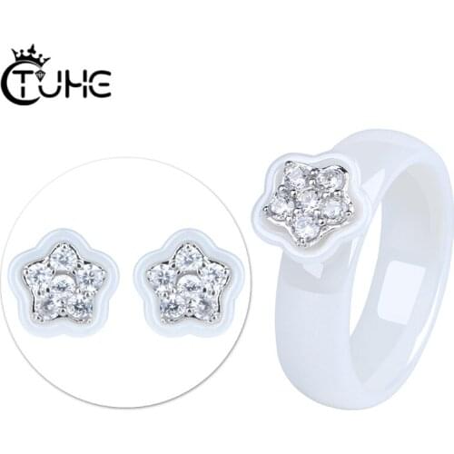 2019 Fashion Jewelry Sets Cubic Zircon Flower Shape Statement Ceramic Earrings Rings Wedding Jewelry for Women Gift Wedding Gift