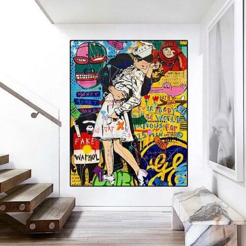New Era Printed Kissing Lovers' Graffiti Forged Warhol Modern Wall Art Canvas Painting Poster Decoration