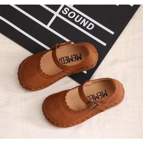 2021 New Girls Retro genuine Leather Shoes Baby Princess Student Soft Bottom Children Black Kids Loafer