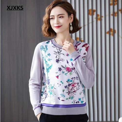 XJXKS Fall 2021 new loose plus size fashion printed women sweater high-quality stitching sweater women pullover