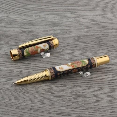 Chinese Cloisonne Porcelain Penoy Flower Golden gift Trim Roller ball Pen