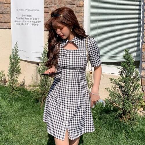 SEMIR Dress Women Summer 2021 New Neckline Hollow Little Black Dress Summer Plaid Lapel Waist Slim Dresses Woman