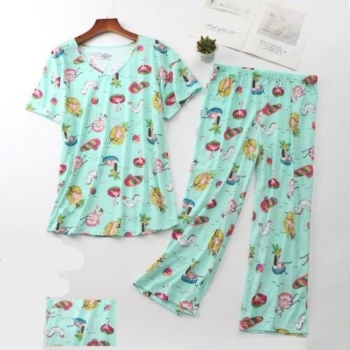 Sex Hot Pajamas Set Female Short Sleeve T-shirt Long Pants 2020 Fashion Home Cotton Mom Big Size Casual Sleepwear