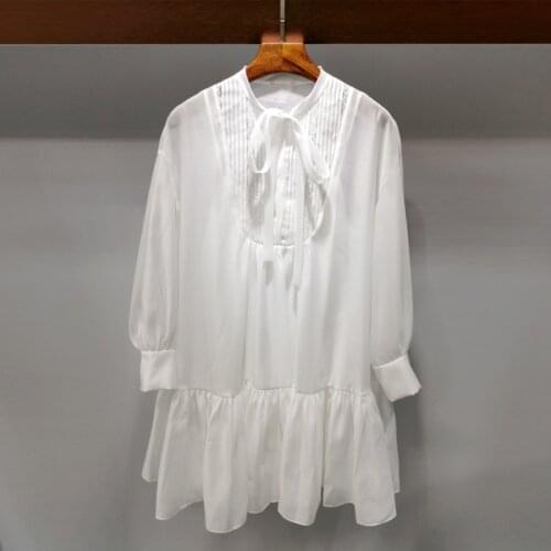 Spring 2021 new Korean bowknot Round Neck Long Sleeve Chiffon Dress sweet Fairy Dress
