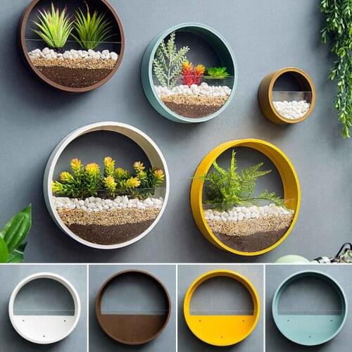 Modern Round Iron Wall Vase Home Living Room Restaurant Hanging Flower Pot Wall Decor Succulent Plant Planters Art Glass Vases