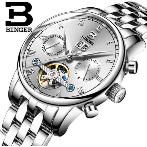 Switzerland BINGER Mens Watches Luxury Brand Tourbillon fulll stainless steel Waterproof Clock Mechanical Wristwatches B-8604