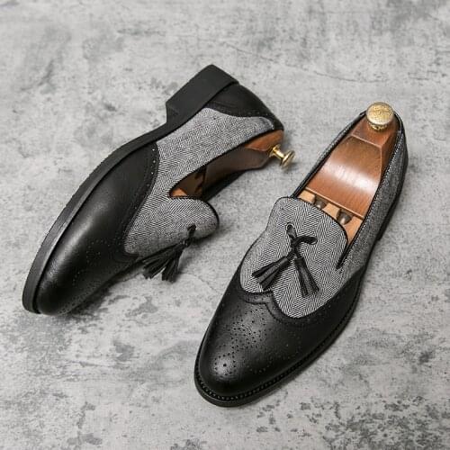 EMOSEWA New Men Genuine Wingtip Leather Oxford Shoes Pointed Toe Laces Up Oxfords Dress Brogues Wedding Business Platform Shoes