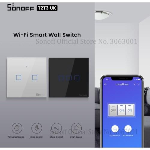 SONOFF T2 UK T3 Black Wifi Smart Switch 1 2 3 Gang Smart Wall Switch Glass Panel Wifi Touch Switches Work With Alexa Google Home